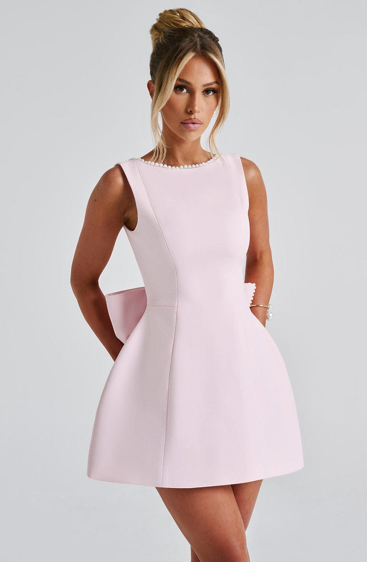 Piper | Pearl Trim Bateau Neck Bow Back Structured Mini Dress