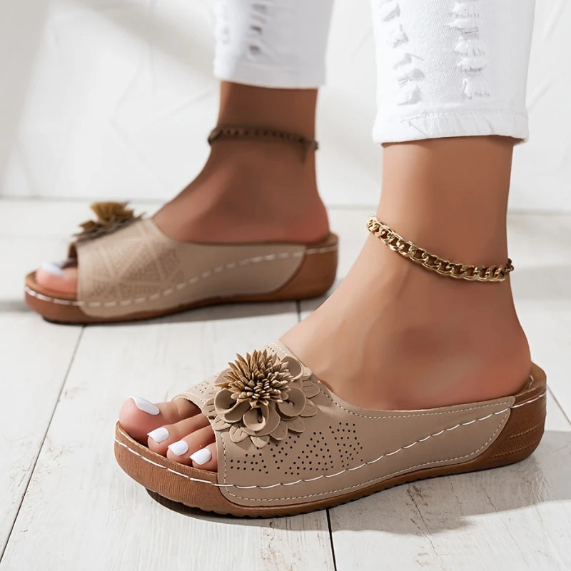 Thea | Flower Appliqué Perforated Slip On Wedge Sandals
