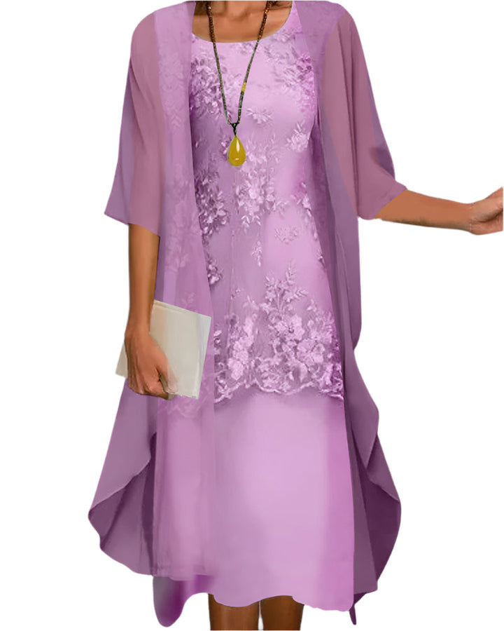 Yara | Lace Overlay Sheer Cape Sleeve Two Layer Formal Wedding Guest Midi Dress