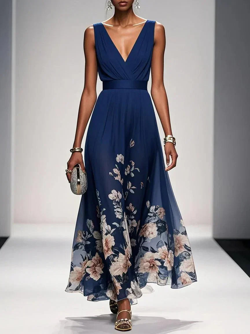 Zelda | Floral Print Deep V Neck Sleeveless A Line Formal Wedding Guest Maxi Dress