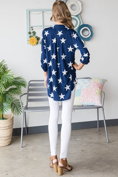 Heimish Full Size Roll-Tab Sleeve Star Print Top-Tops-Grace & Blossom Boutique, a women's online fashion boutique located in Odessa, Florida