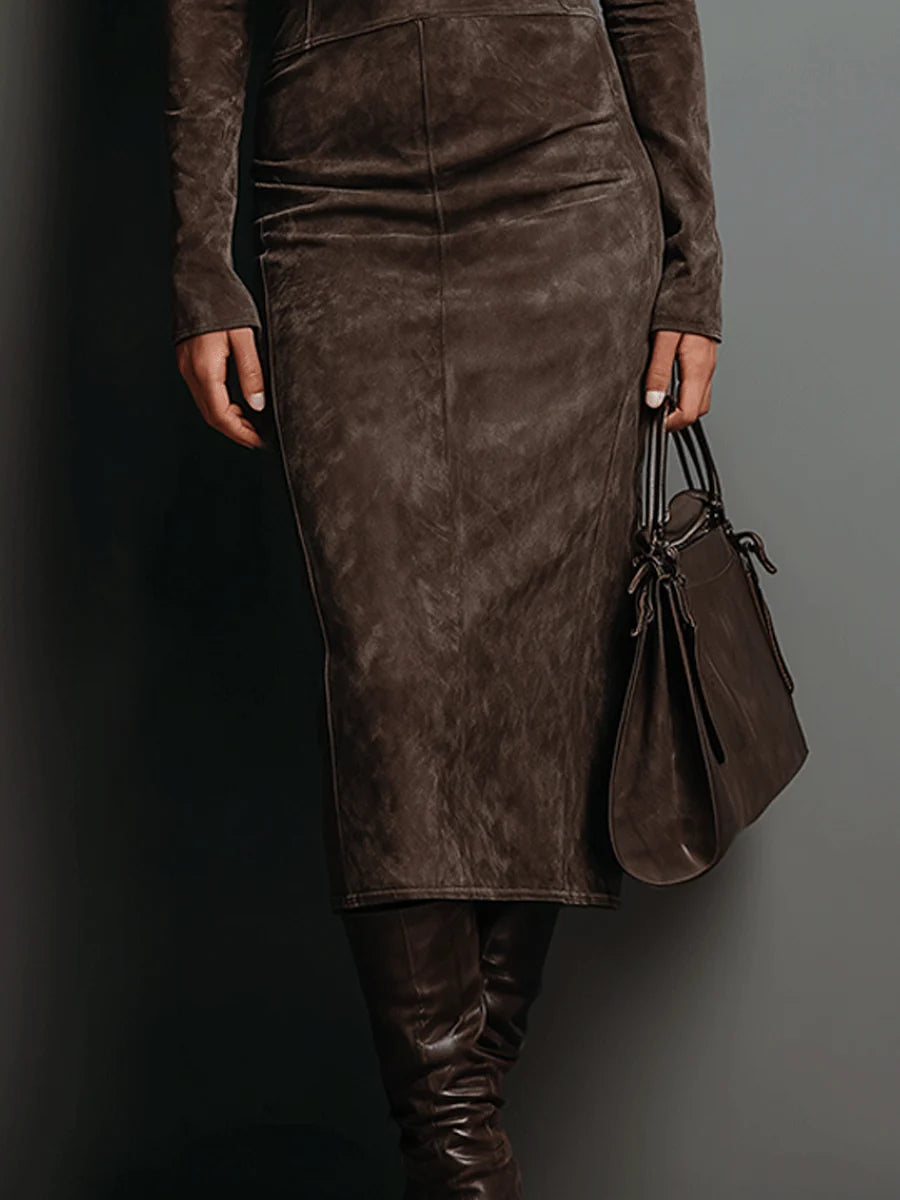 Xena | Suede Turtleneck Long Sleeve Body-Con Midi Dress