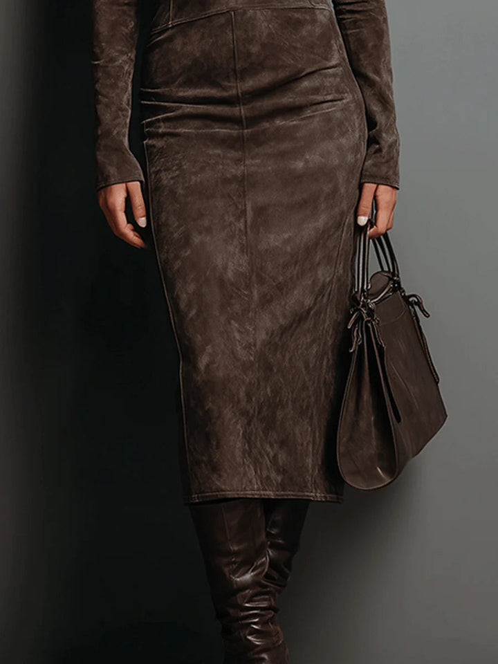 Xena | Suede Turtleneck Long Sleeve Body-Con Midi Dress