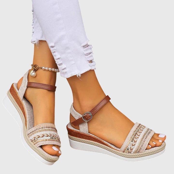 Simone | White Brown Embroidered Ankle Strap Espadrille Wedge Sandals
