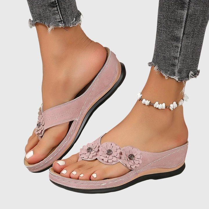 Lena | Flower Detail Toe Post Wedge Flip Flops