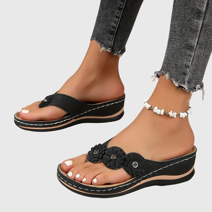 Lena | Flower Detail Toe Post Wedge Flip Flops