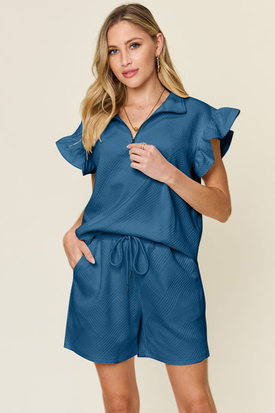 Double Take Full Size Texture Flounce Sleeve Top and Drawstring Shorts Set-Tops-Grace & Blossom Boutique, a women's online fashion boutique located in Odessa, Florida