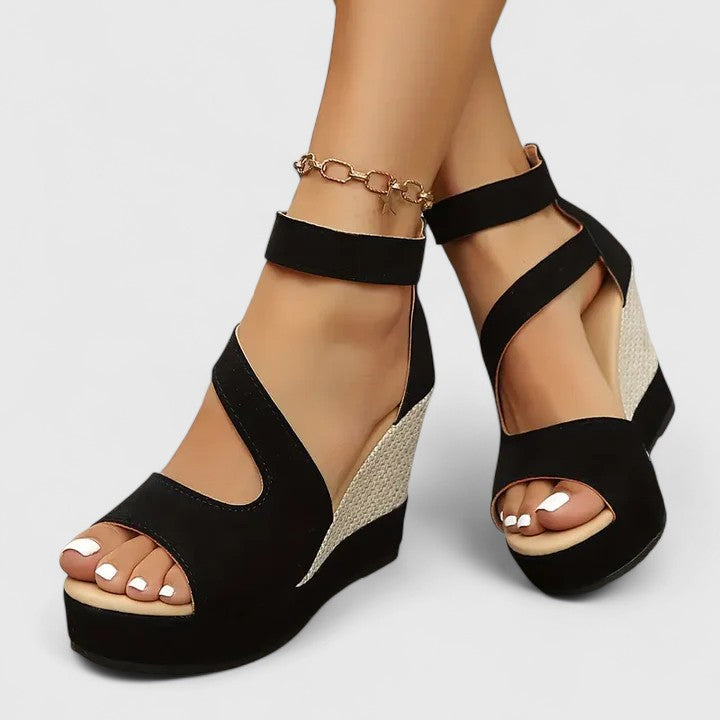 Ingrid | Black Suede Double Strap Espadrille Wedge Sandals