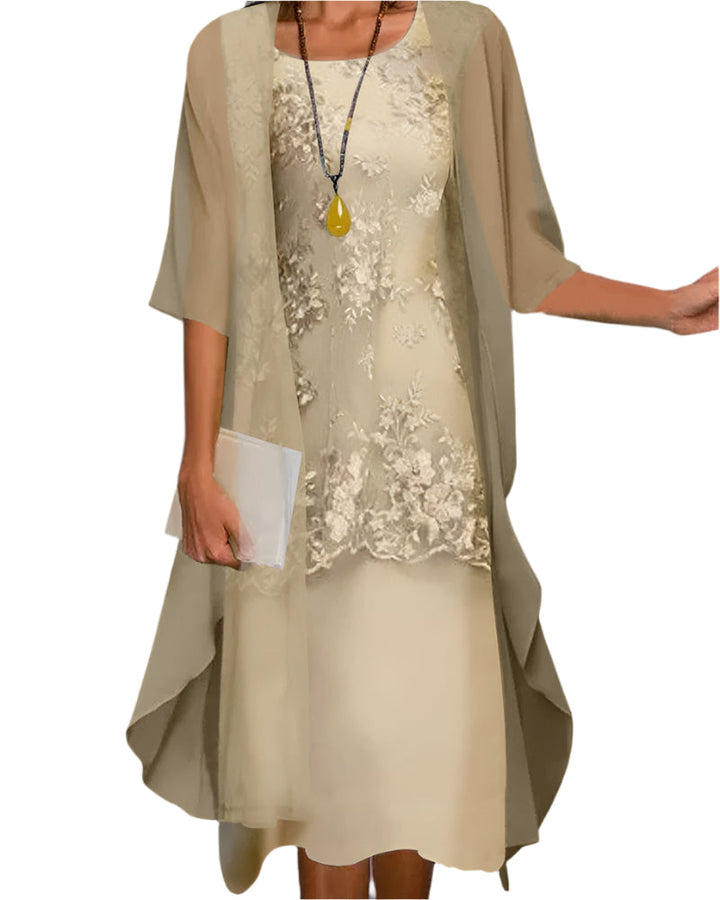 Yara | Lace Overlay Sheer Cape Sleeve Two Layer Formal Wedding Guest Midi Dress