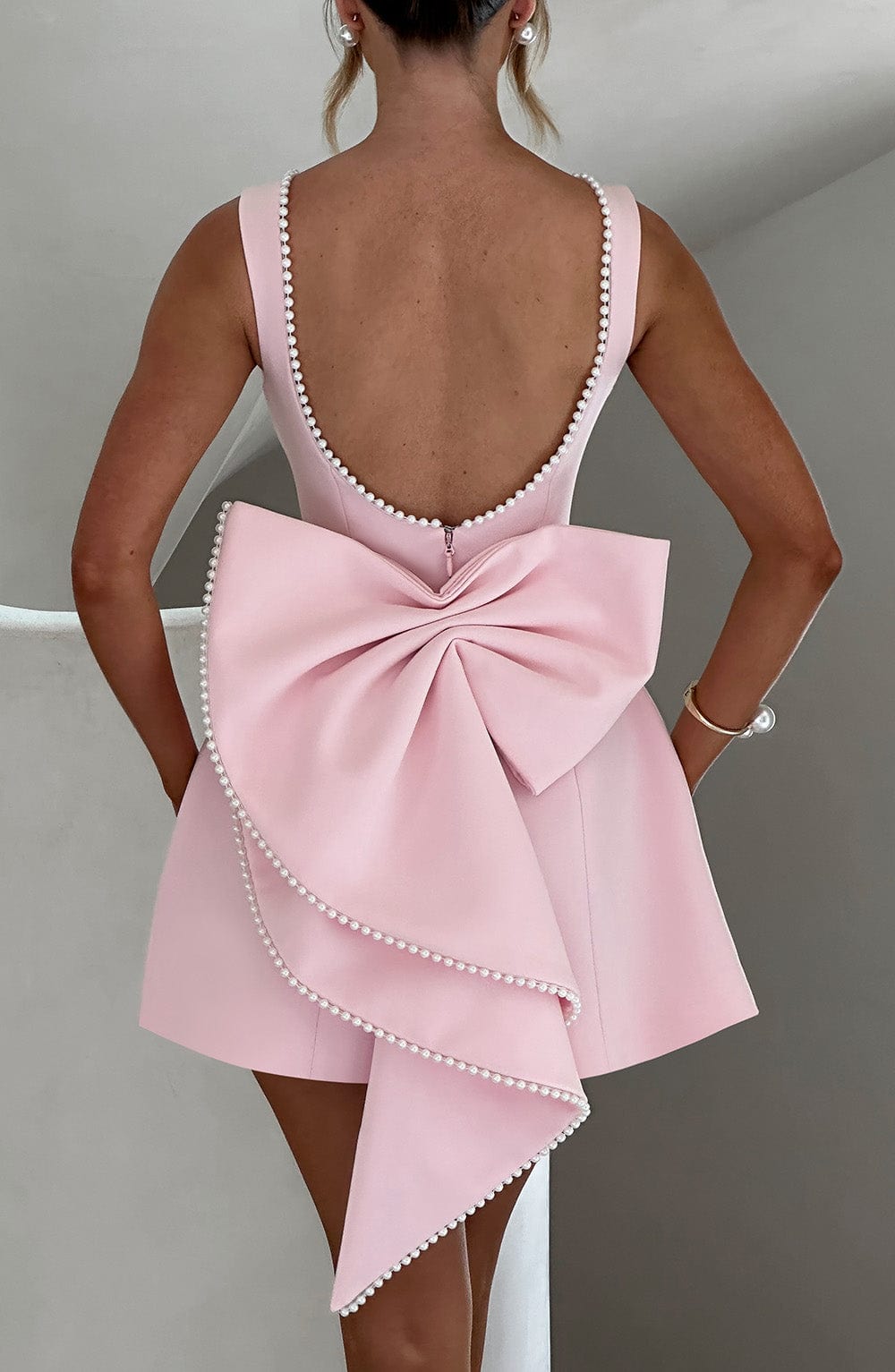Piper | Pearl Trim Bateau Neck Bow Back Structured Mini Dress