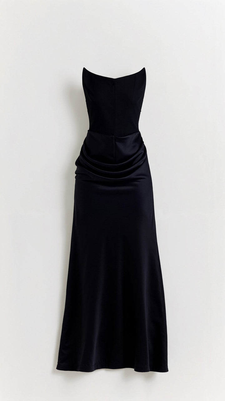 Maya | Strapless Ruched Satin Column Formal Maxi Dress