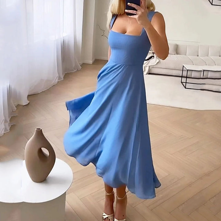 Renee | Square Neck Spaghetti Strap Corset Waist A Line Midi Dress
