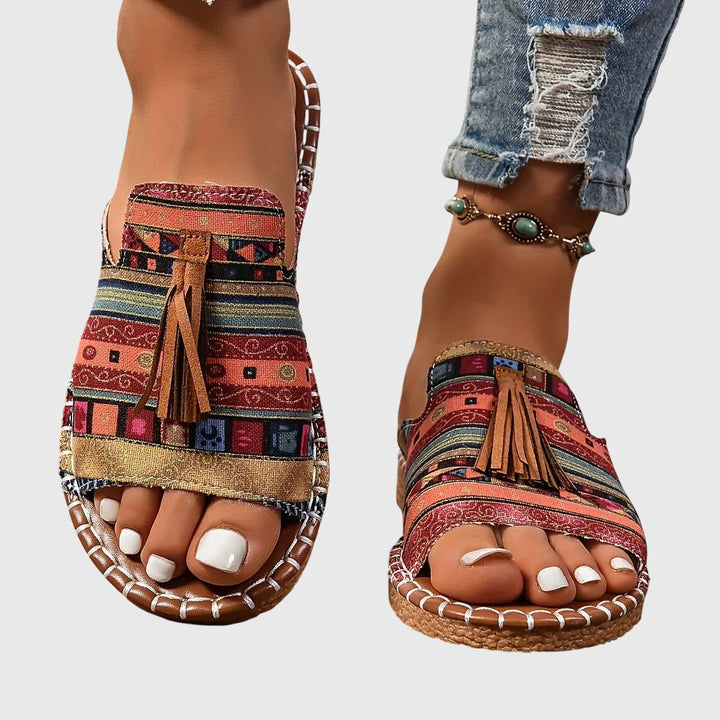 Yara | Ethnic Print Tassel Flat Open Toe Sandals