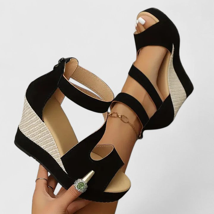 Ingrid | Black Suede Double Strap Espadrille Wedge Sandals
