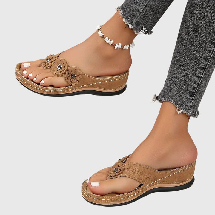 Lena | Flower Detail Toe Post Wedge Flip Flops