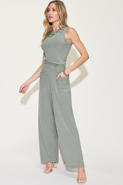 Basic Bae Full Size Ribbed Tank and Wide Leg Pants Set-Two Piece Sets-Grace & Blossom Boutique, a women's online fashion boutique located in Odessa, Florida