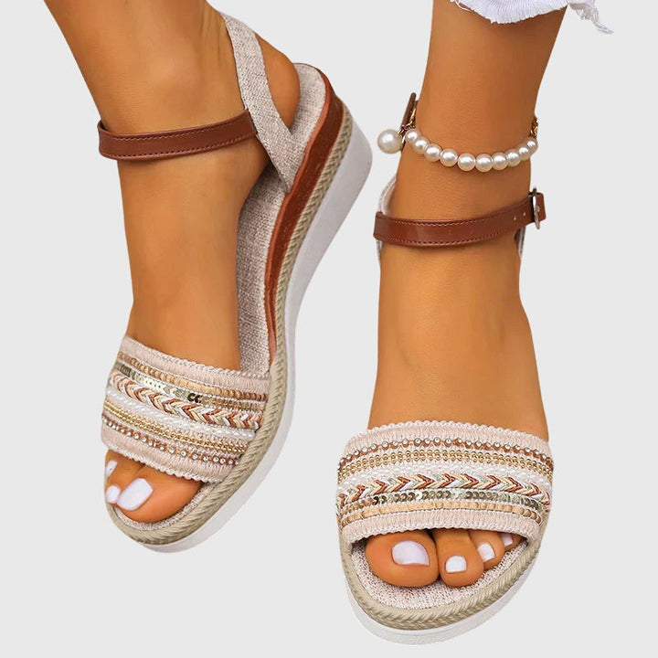Simone | White Brown Embroidered Ankle Strap Espadrille Wedge Sandals