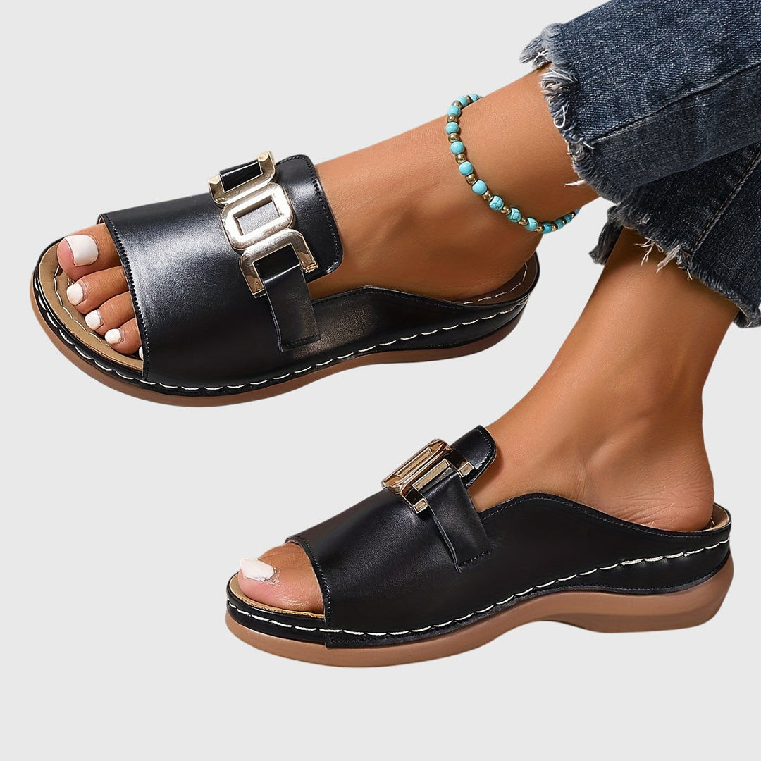 Elise | Gold Chain Hardware Flat Slide Mules