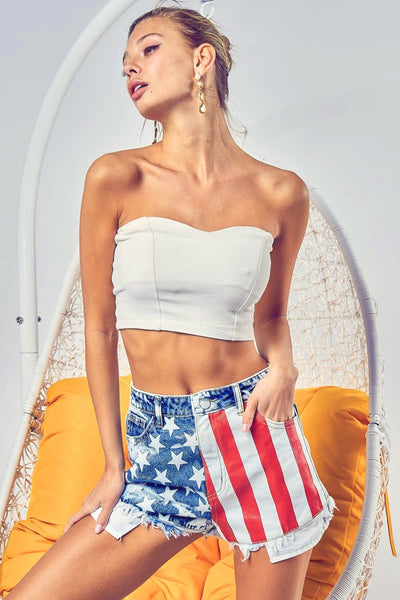 BiBi US Flag Theme Bleached Denim Shorts-Shorts-Grace & Blossom Boutique, a women's online fashion boutique located in Odessa, Florida