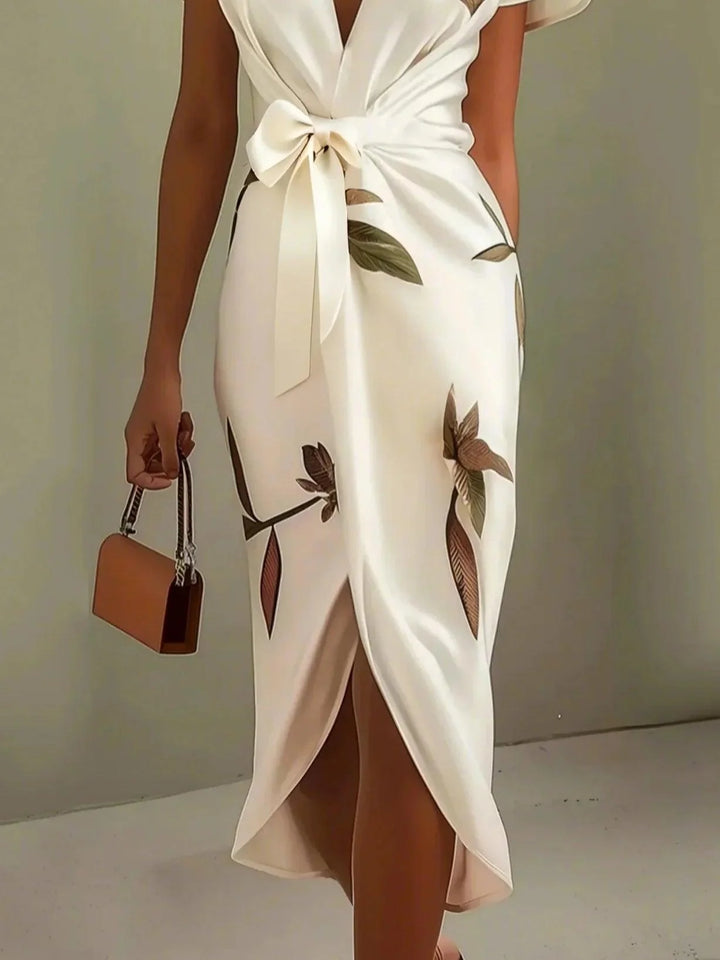 Isadora | White Leaf Print Satin Wrap V Neck Bow Tie Flutter Sleeve Midi Dress