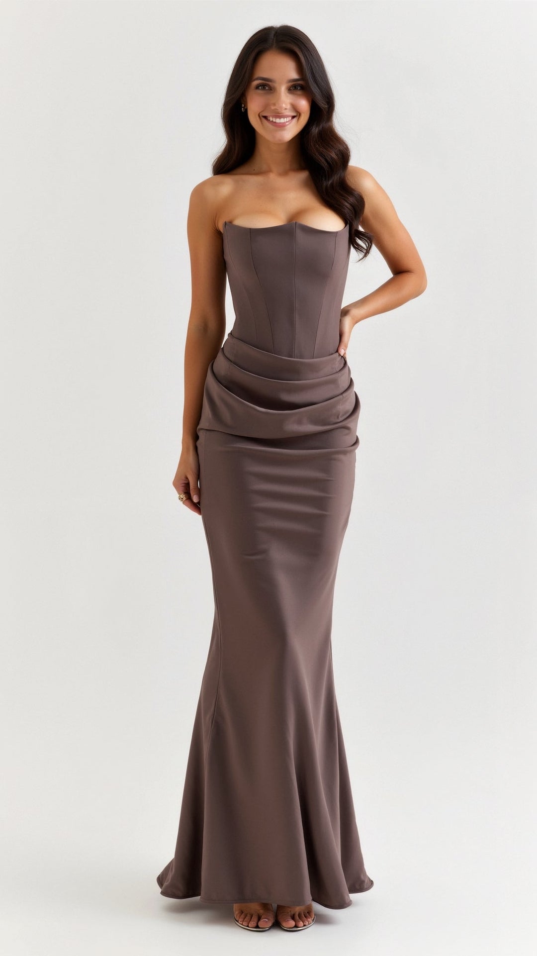 Maya | Strapless Ruched Satin Column Formal Maxi Dress