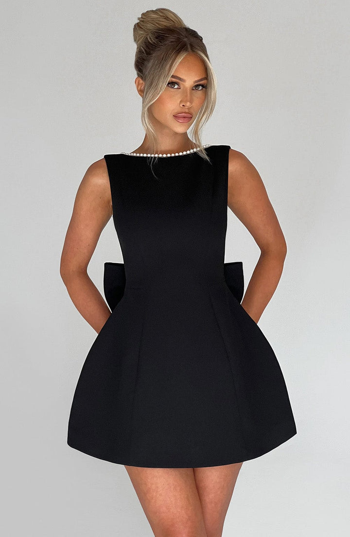 Piper | Pearl Trim Bateau Neck Bow Back Structured Mini Dress