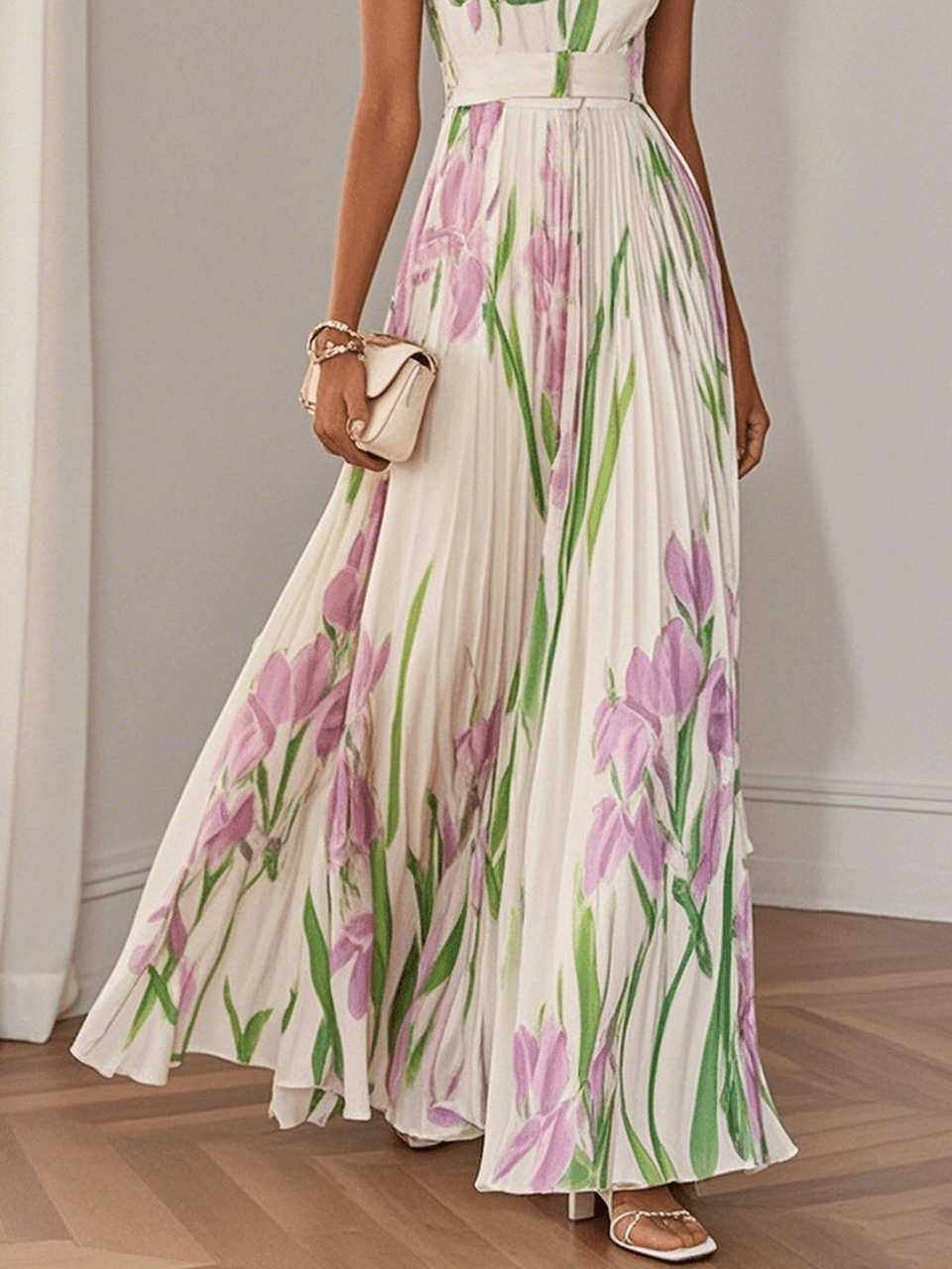 Ophelia | Floral Chiffon Square Neck Pleated Sleeveless A-Line Maxi Dress