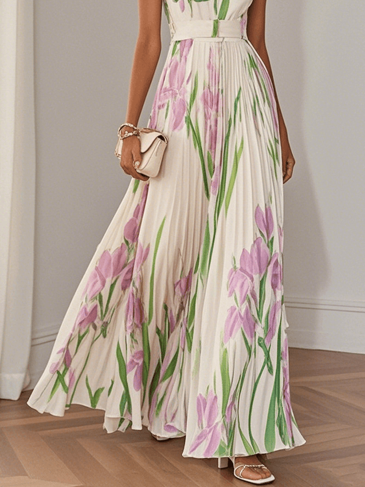 Ophelia | Floral Chiffon Square Neck Pleated Sleeveless A-Line Maxi Dress