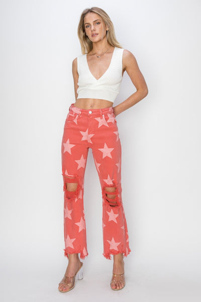 RISEN Full Size Distressed Raw Hem Star Pattern Jeans-Bottoms-Grace & Blossom Boutique, a women's online fashion boutique located in Odessa, Florida