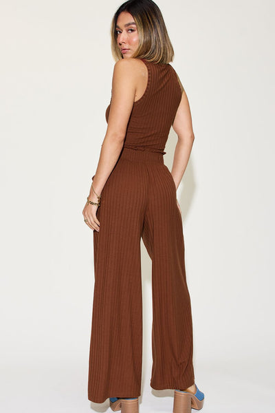 Basic Bae Full Size Ribbed Tank and Wide Leg Pants Set-Two Piece Sets-Grace & Blossom Boutique, a women's online fashion boutique located in Odessa, Florida