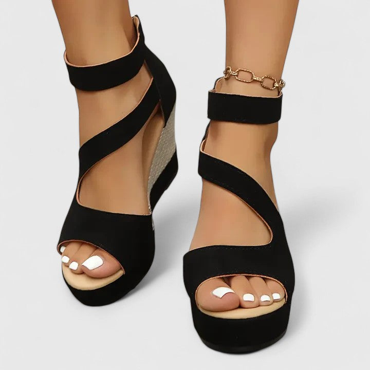 Ingrid | Black Suede Double Strap Espadrille Wedge Sandals