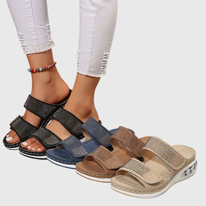 Willa | Rhinestone Double Strap Velcro Platform Slide Sandals