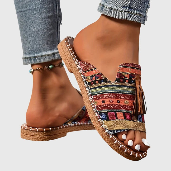 Yara | Ethnic Print Tassel Flat Open Toe Sandals