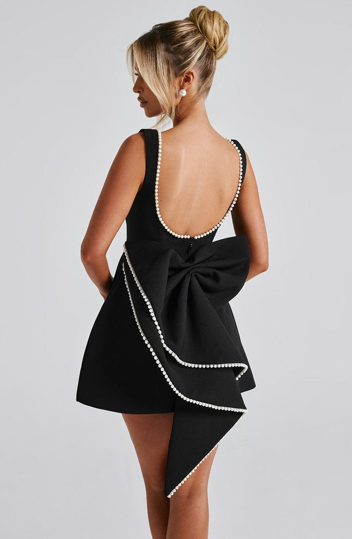 Piper | Pearl Trim Bateau Neck Bow Back Structured Mini Dress