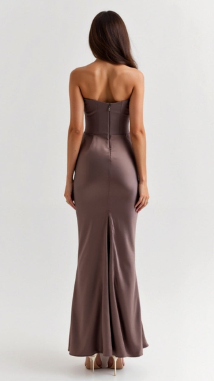 Maya | Strapless Ruched Satin Column Formal Maxi Dress