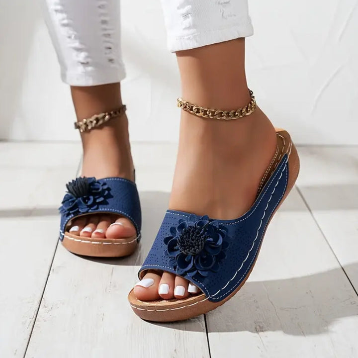 Thea | Flower Appliqué Perforated Slip On Wedge Sandals