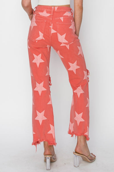 RISEN Full Size Distressed Raw Hem Star Pattern Jeans-Bottoms-Grace & Blossom Boutique, a women's online fashion boutique located in Odessa, Florida