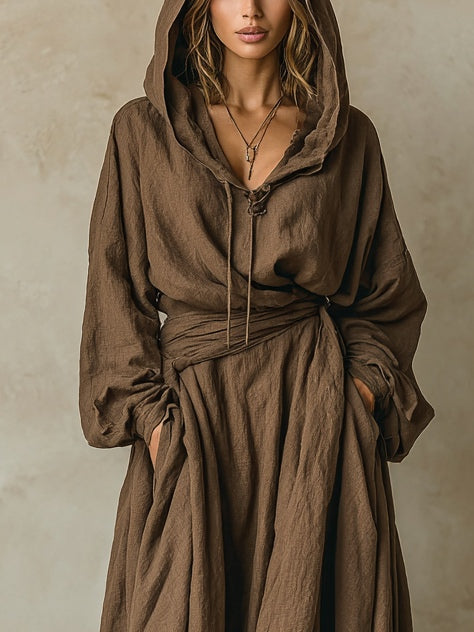 Madison | Brown Linen Hooded Tie Waist Loose Maxi Dress