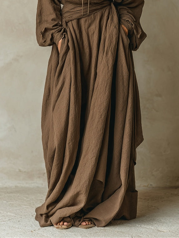 Madison | Brown Linen Hooded Tie Waist Loose Maxi Dress