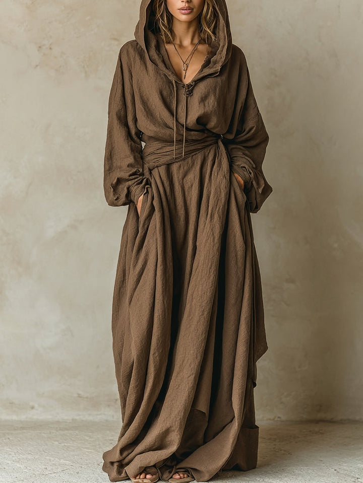 Madison | Brown Linen Hooded Tie Waist Loose Maxi Dress