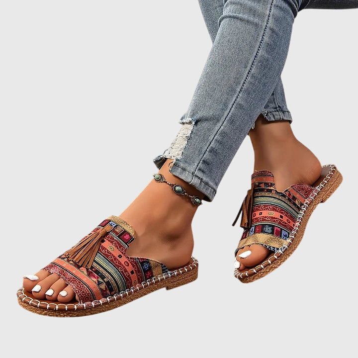 Yara | Ethnic Print Tassel Flat Open Toe Sandals