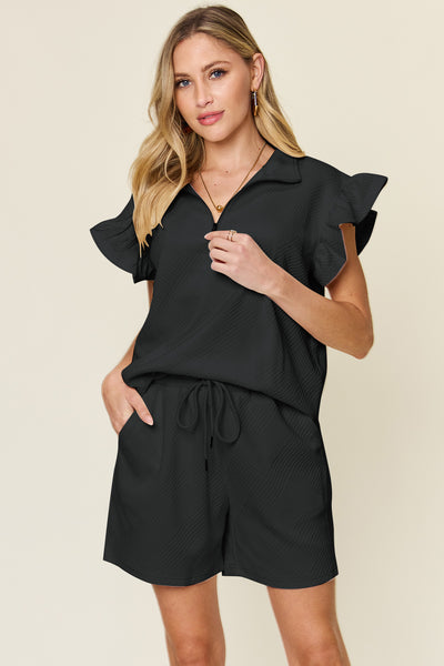 Double Take Full Size Texture Flounce Sleeve Top and Drawstring Shorts Set-Tops-Grace & Blossom Boutique, a women's online fashion boutique located in Odessa, Florida