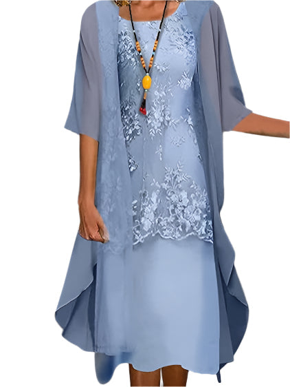 Yara | Lace Overlay Sheer Cape Sleeve Two Layer Formal Wedding Guest Midi Dress