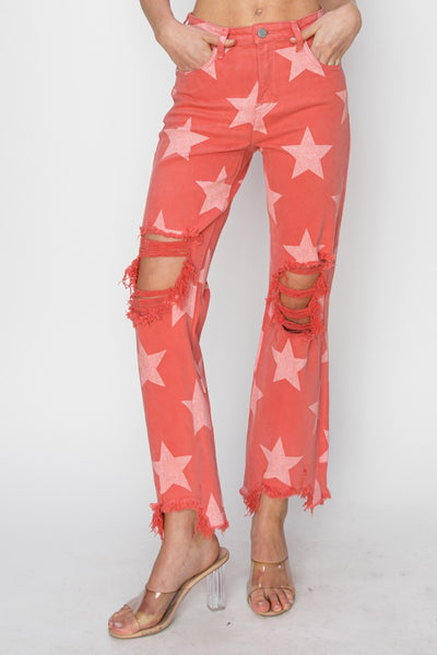 RISEN Full Size Distressed Raw Hem Star Pattern Jeans-Bottoms-Grace & Blossom Boutique, a women's online fashion boutique located in Odessa, Florida