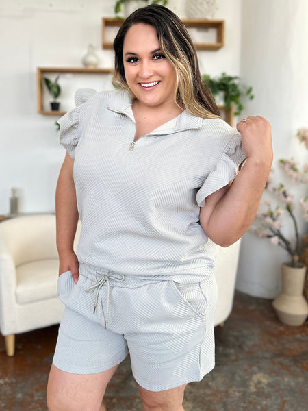 Double Take Full Size Texture Flounce Sleeve Top and Drawstring Shorts Set-Tops-Grace & Blossom Boutique, a women's online fashion boutique located in Odessa, Florida