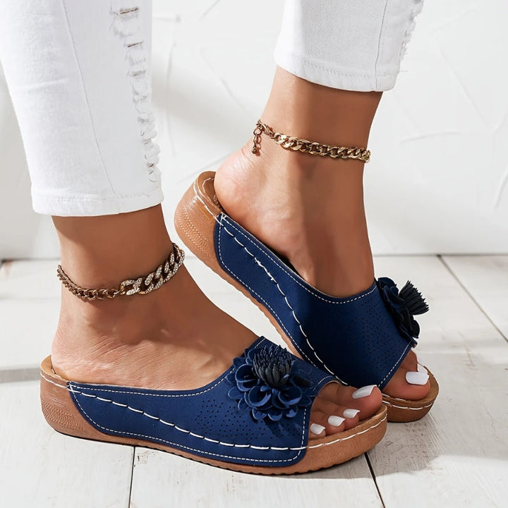 Thea | Flower Appliqué Perforated Slip On Wedge Sandals