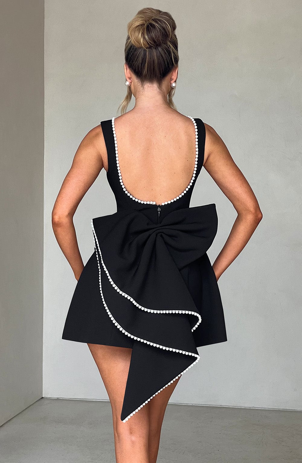 Piper | Pearl Trim Bateau Neck Bow Back Structured Mini Dress