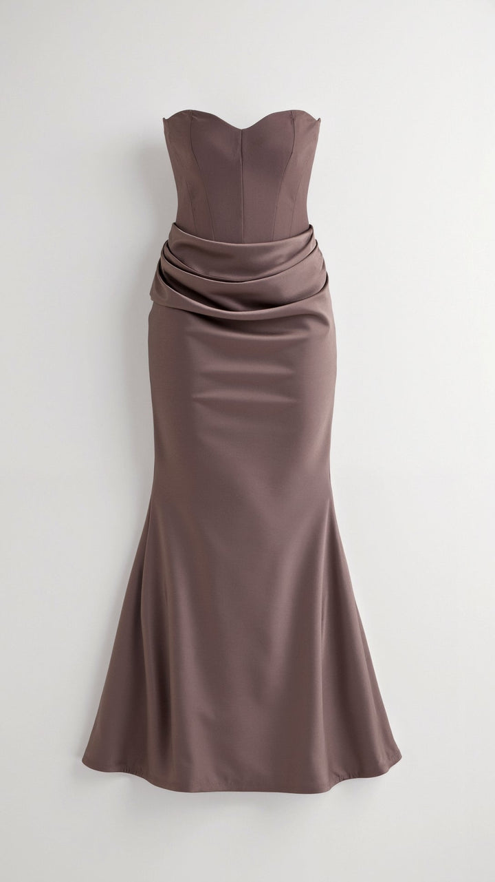 Maya | Strapless Ruched Satin Column Formal Maxi Dress