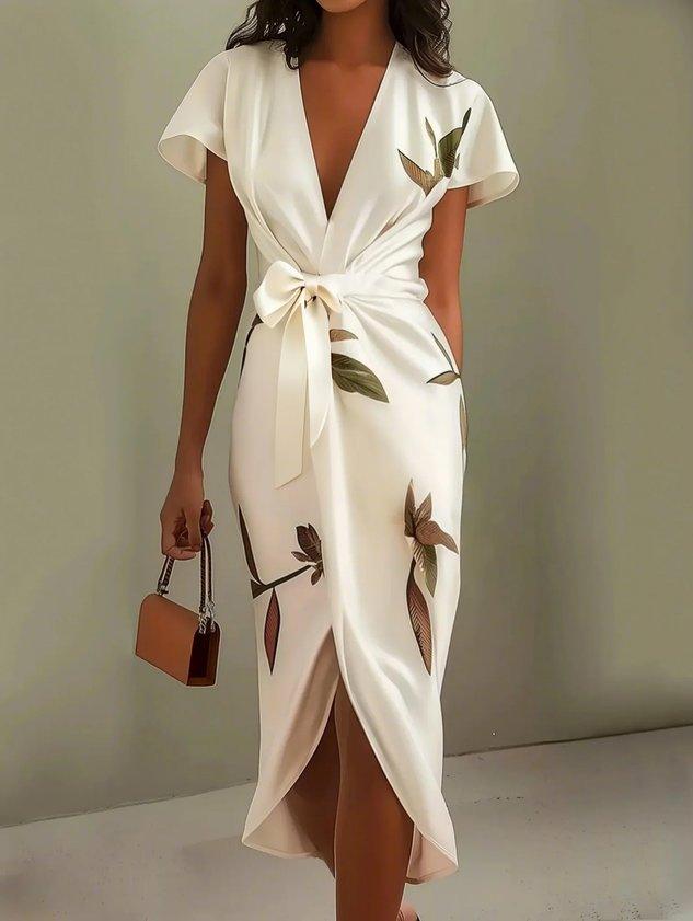 Isadora | White Leaf Print Satin Wrap V Neck Bow Tie Flutter Sleeve Midi Dress