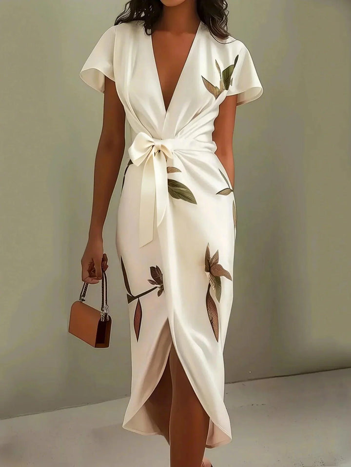 Isadora | White Leaf Print Satin Wrap V Neck Bow Tie Flutter Sleeve Midi Dress